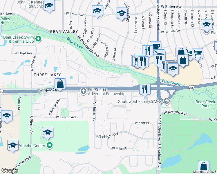 map of restaurants, bars, coffee shops, grocery stores, and more near 3481 South Fenton Street in Denver