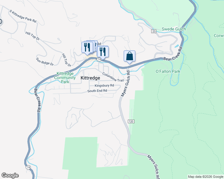map of restaurants, bars, coffee shops, grocery stores, and more near 26155 Kingsbury Road in Kittredge