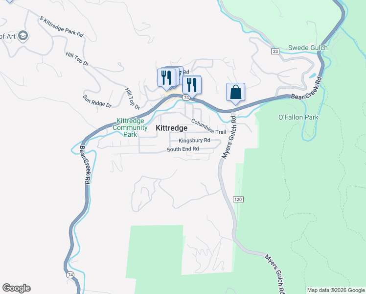 map of restaurants, bars, coffee shops, grocery stores, and more near 26209 Kingsbury Road in Kittredge