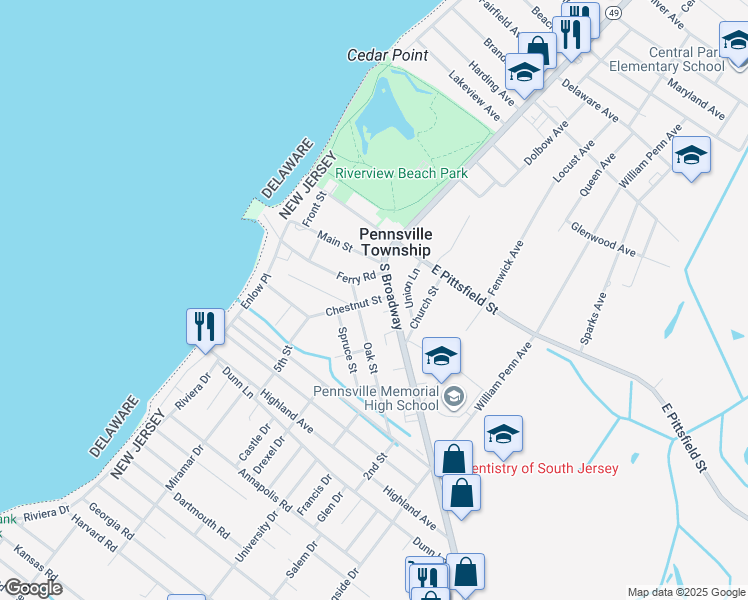 map of restaurants, bars, coffee shops, grocery stores, and more near 3b Ferry Road in Pennsville