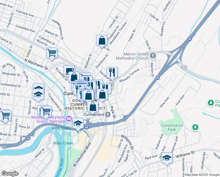 map of restaurants, bars, coffee shops, grocery stores, and more near 10 Decatur Street in Cumberland