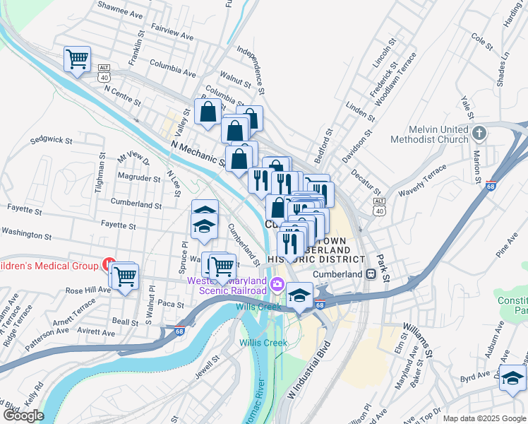 map of restaurants, bars, coffee shops, grocery stores, and more near 180 North Mechanic Street in Cumberland