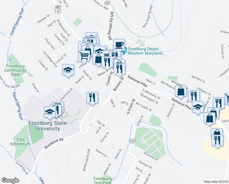 map of restaurants, bars, coffee shops, grocery stores, and more near 39R Bowery Street in Frostburg