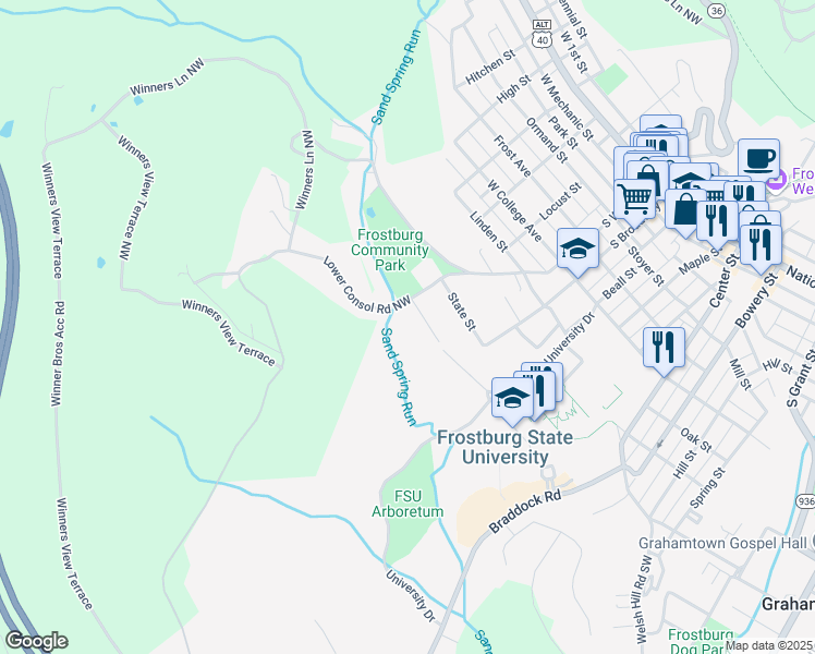 map of restaurants, bars, coffee shops, grocery stores, and more near 2 Bob Cat Court in Frostburg
