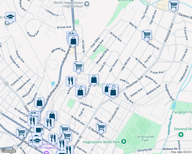 map of restaurants, bars, coffee shops, grocery stores, and more near Forest Drive in Hagerstown