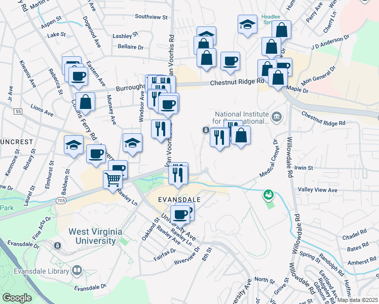 map of restaurants, bars, coffee shops, grocery stores, and more near 1000 Van Voorhis Road in Morgantown