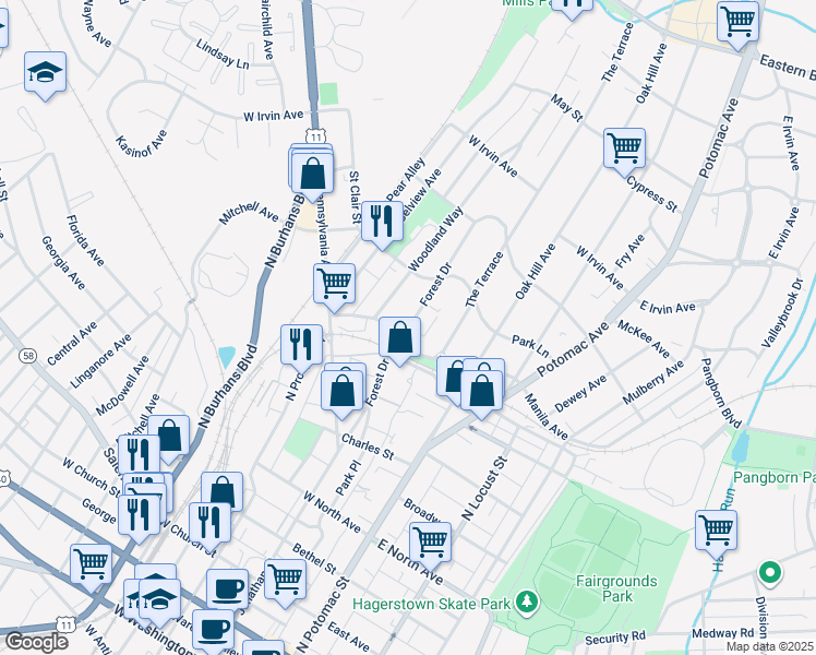 map of restaurants, bars, coffee shops, grocery stores, and more near Forest Drive in Hagerstown