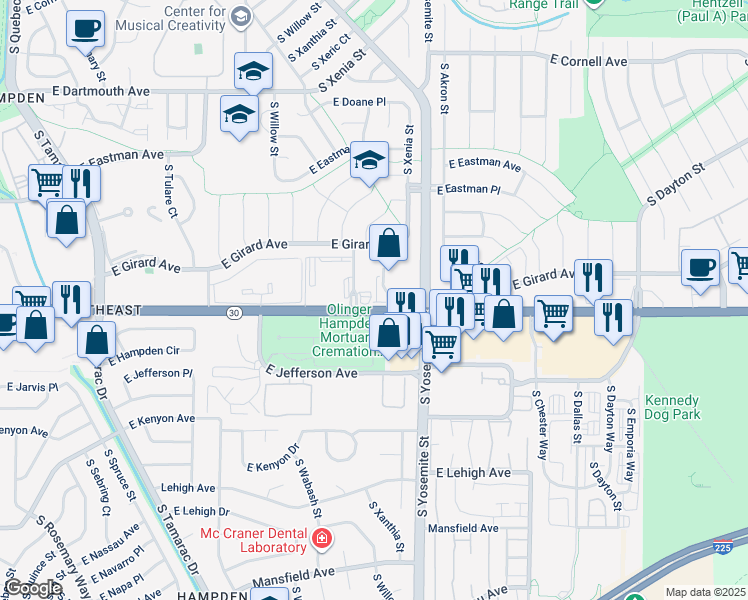 map of restaurants, bars, coffee shops, grocery stores, and more near 8711 East Hampden Avenue in Denver