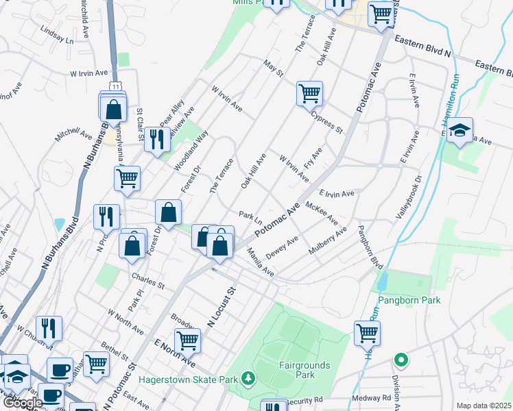 map of restaurants, bars, coffee shops, grocery stores, and more near 913 Hamilton Boulevard in Hagerstown