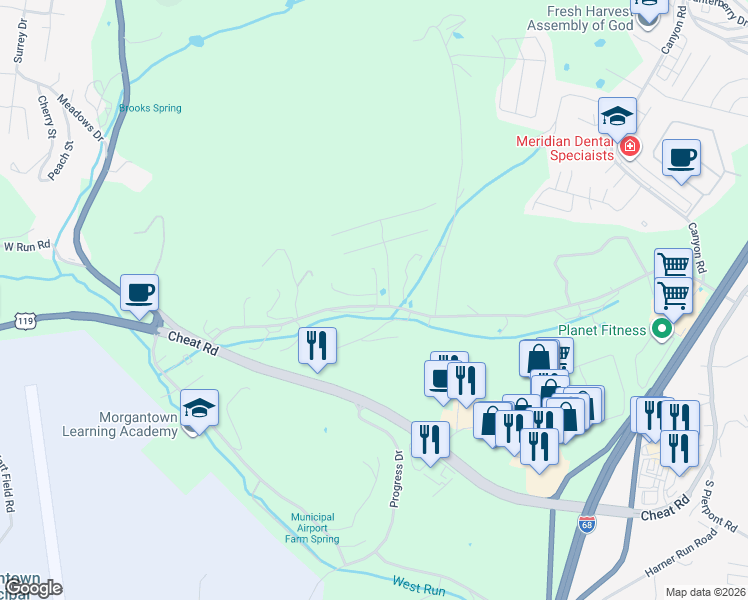 map of restaurants, bars, coffee shops, grocery stores, and more near 1 Harley Drive in Morgantown