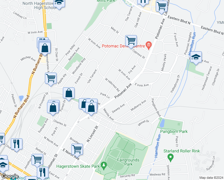 map of restaurants, bars, coffee shops, grocery stores, and more near 920 Hamilton Boulevard in Hagerstown