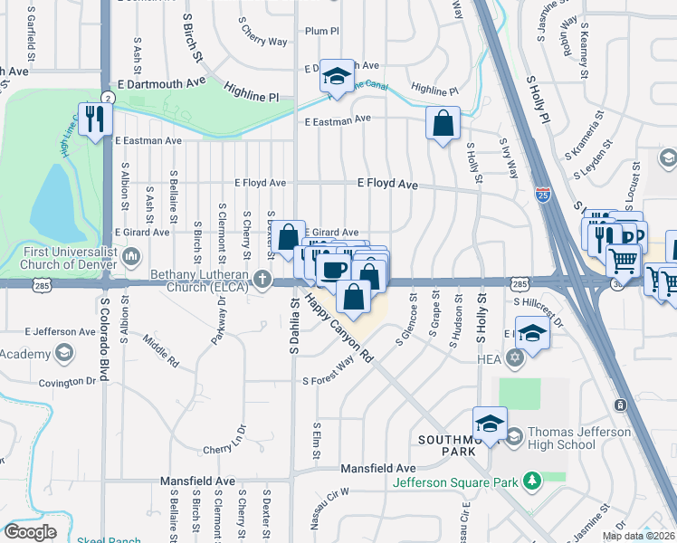 map of restaurants, bars, coffee shops, grocery stores, and more near 3451 South Elm Street in Denver