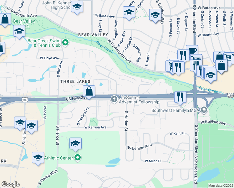 map of restaurants, bars, coffee shops, grocery stores, and more near 5595 West Hampden Avenue in Denver