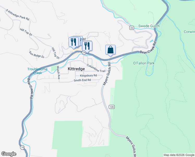 map of restaurants, bars, coffee shops, grocery stores, and more near 26089 Kingsbury Road in Kittredge