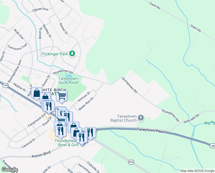 map of restaurants, bars, coffee shops, grocery stores, and more near 4315 Stumptown Road in Taneytown
