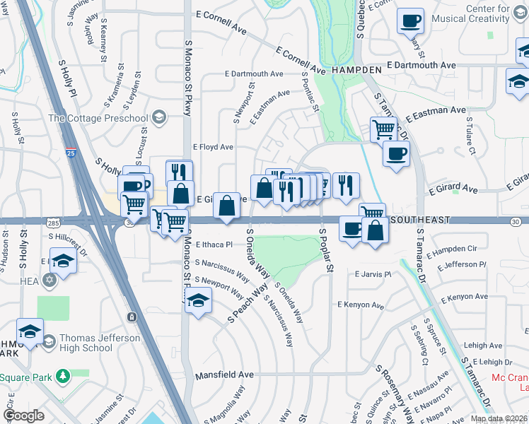 map of restaurants, bars, coffee shops, grocery stores, and more near 3400 South Oneida Way in Denver
