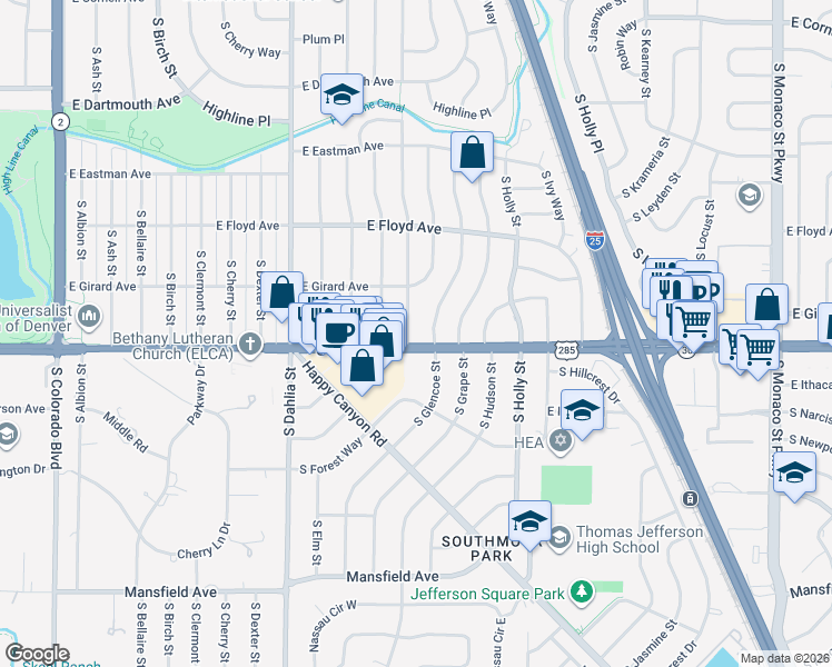 map of restaurants, bars, coffee shops, grocery stores, and more near 3478 South Forest Street in Denver