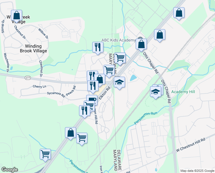 map of restaurants, bars, coffee shops, grocery stores, and more near 1673 Elkton Road in Elkton