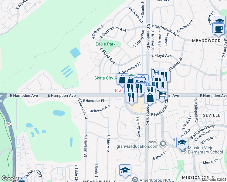 map of restaurants, bars, coffee shops, grocery stores, and more near 3464 South Eagle Street in Aurora