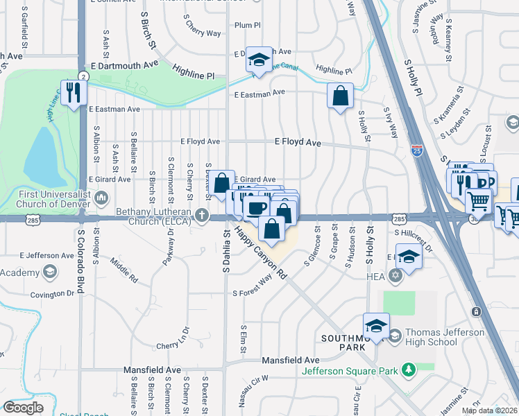 map of restaurants, bars, coffee shops, grocery stores, and more near 3451 South Elm Street in Denver