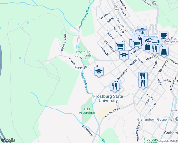 map of restaurants, bars, coffee shops, grocery stores, and more near 210 Lower Consol Road Northwest in Frostburg