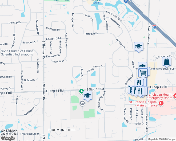 map of restaurants, bars, coffee shops, grocery stores, and more near 7785 Rosa Drive in Indianapolis
