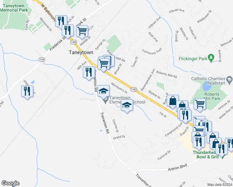 map of restaurants, bars, coffee shops, grocery stores, and more near 527 Trevanion Terrace in Taneytown