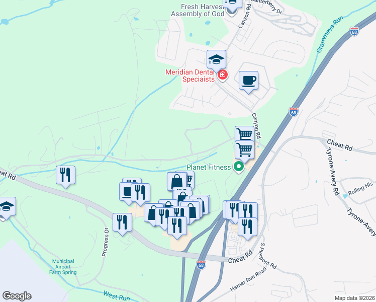 map of restaurants, bars, coffee shops, grocery stores, and more near 345 Old Cheat Rd in Morgantown