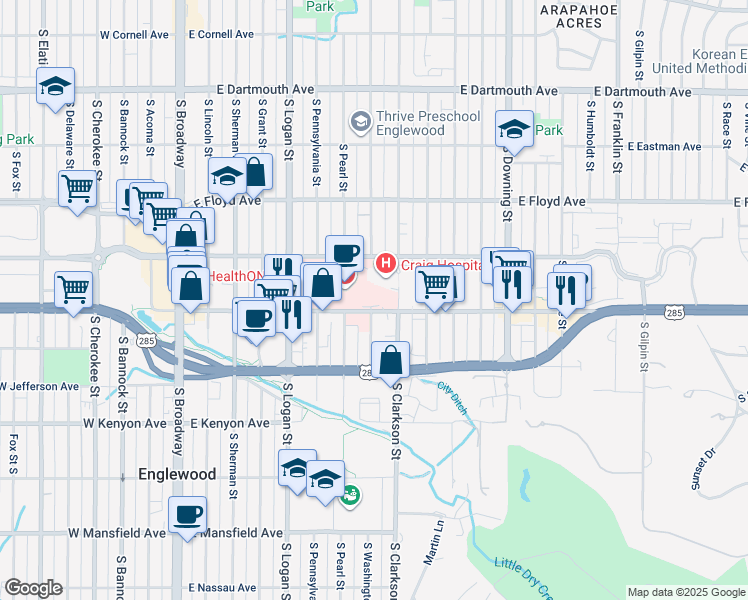 map of restaurants, bars, coffee shops, grocery stores, and more near 701 East Hampden Avenue in Englewood