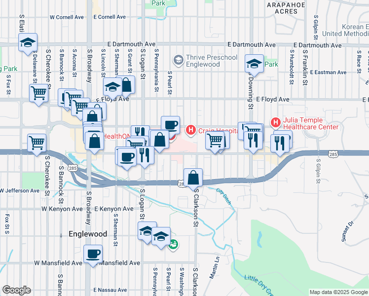 map of restaurants, bars, coffee shops, grocery stores, and more near 3425 South Clarkson Street in Englewood