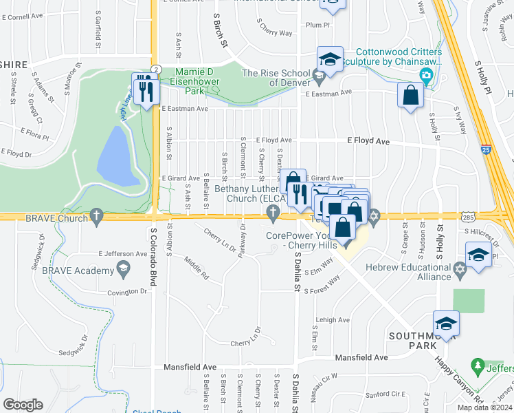 map of restaurants, bars, coffee shops, grocery stores, and more near 3489 South Cherry Street in Denver