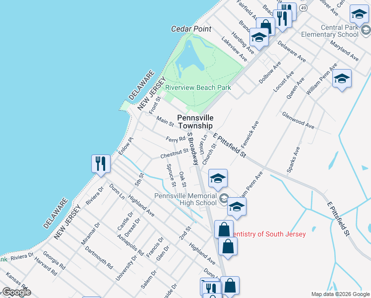 map of restaurants, bars, coffee shops, grocery stores, and more near 3b Ferry Road in Pennsville