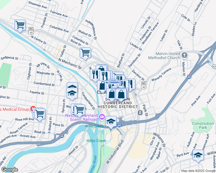 map of restaurants, bars, coffee shops, grocery stores, and more near 111 North Centre Street in Cumberland