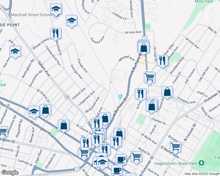 map of restaurants, bars, coffee shops, grocery stores, and more near Mitchell Avenue in Hagerstown
