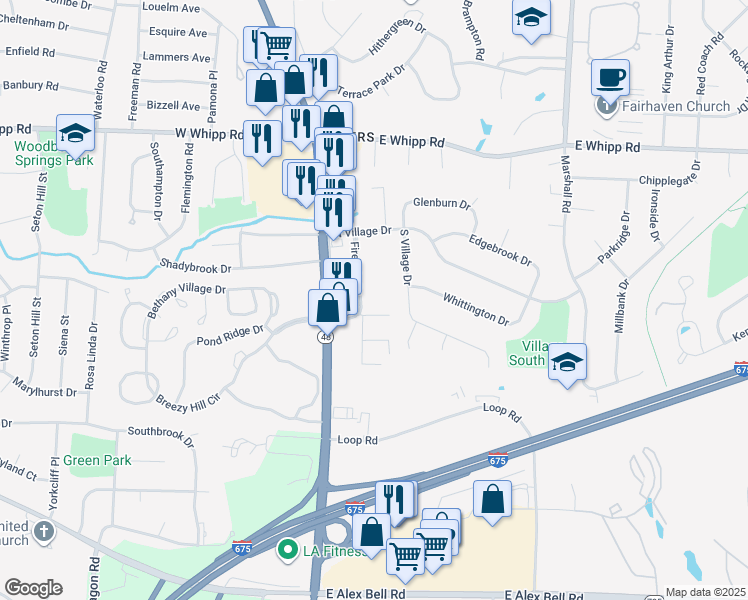 map of restaurants, bars, coffee shops, grocery stores, and more near 160 South Village Drive in Dayton