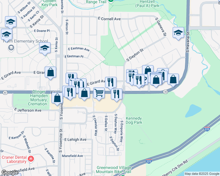 map of restaurants, bars, coffee shops, grocery stores, and more near 9600 East Girard Avenue in Denver