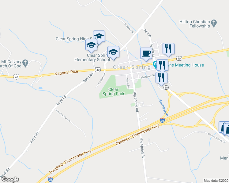 map of restaurants, bars, coffee shops, grocery stores, and more near 12424 Big Spring Road in Clear Spring
