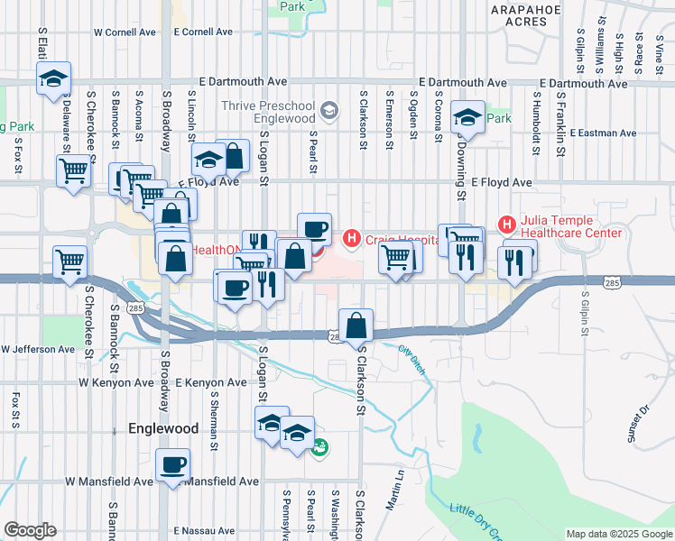 map of restaurants, bars, coffee shops, grocery stores, and more near 701 East Hampden Avenue in Englewood