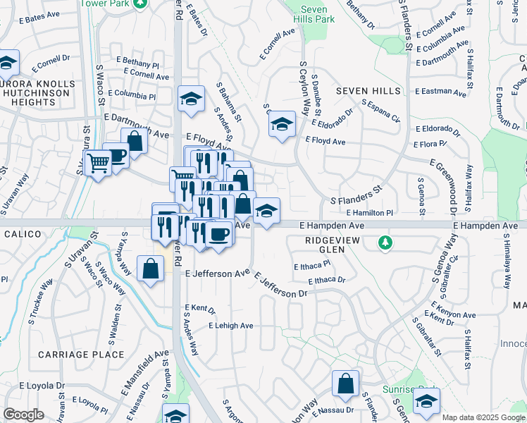 map of restaurants, bars, coffee shops, grocery stores, and more near 18901 East Hampden Avenue in Aurora