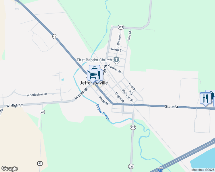 map of restaurants, bars, coffee shops, grocery stores, and more near 7 East Walnut Street in Jeffersonville