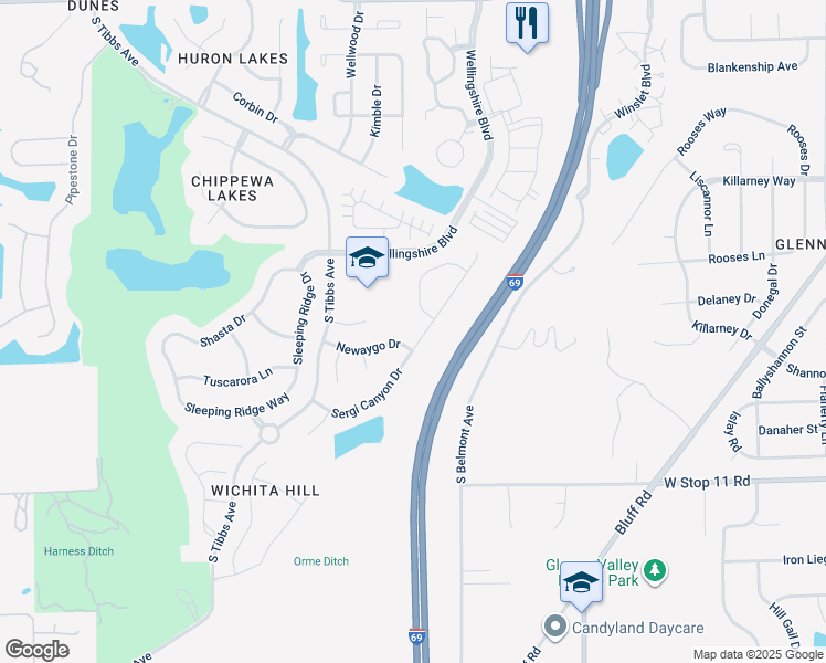 map of restaurants, bars, coffee shops, grocery stores, and more near 7644 Firewalker Lane in Indianapolis