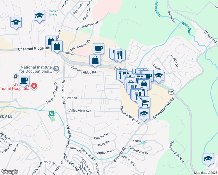 map of restaurants, bars, coffee shops, grocery stores, and more near 102 Meadow Ridge Townhomes in Morgantown