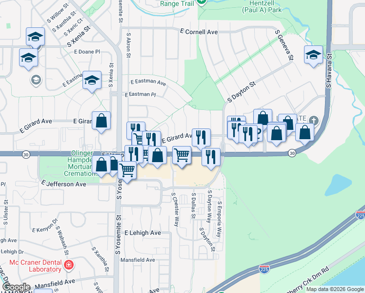 map of restaurants, bars, coffee shops, grocery stores, and more near 9450 East Girard Avenue in Denver