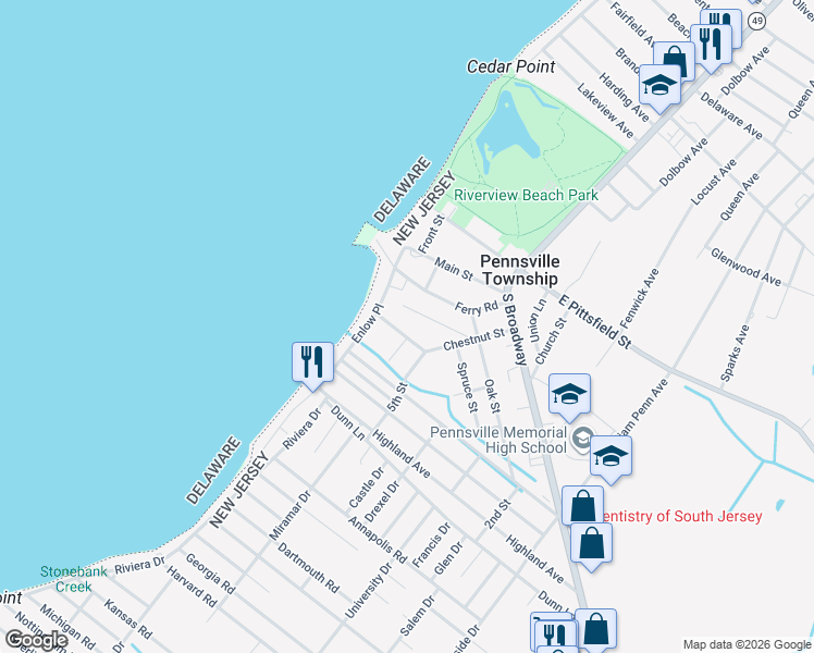 map of restaurants, bars, coffee shops, grocery stores, and more near 19 Park Avenue in Pennsville