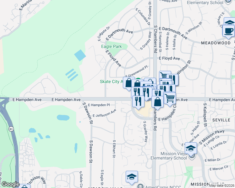 map of restaurants, bars, coffee shops, grocery stores, and more near 3464 South Eagle Street in Aurora