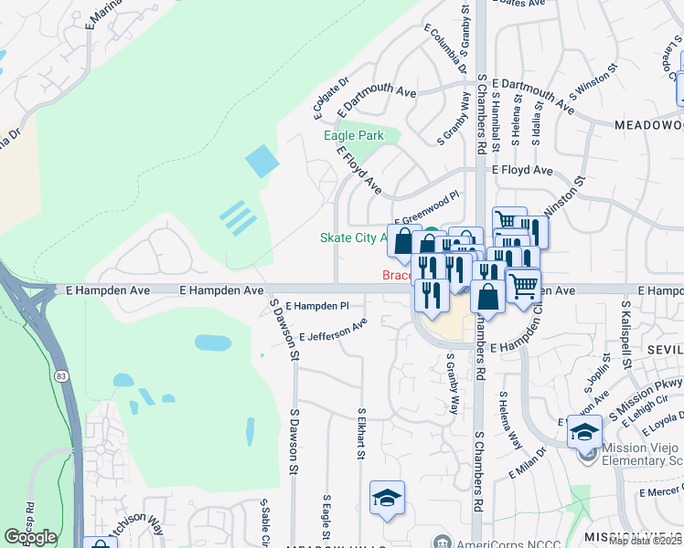 map of restaurants, bars, coffee shops, grocery stores, and more near 3460 South Eagle Street in Aurora