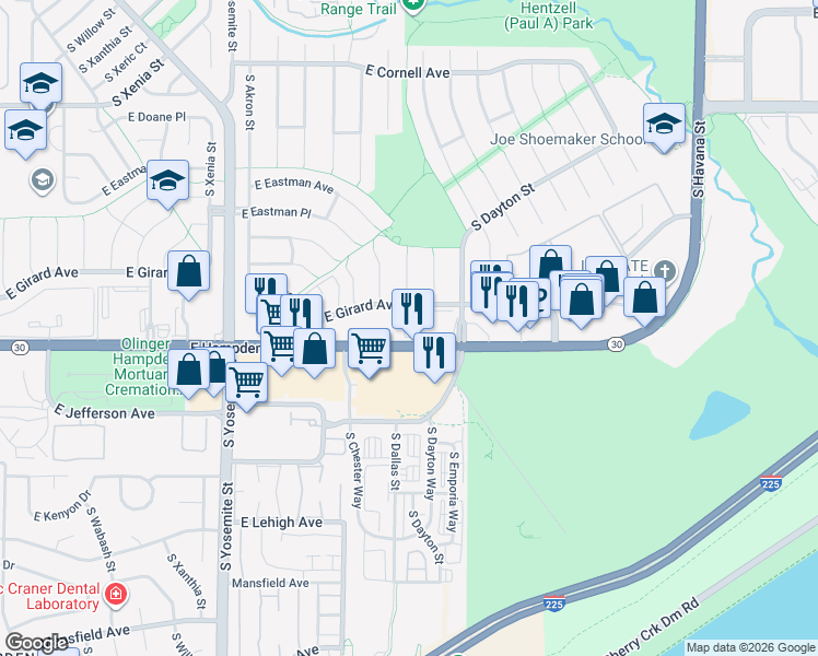 map of restaurants, bars, coffee shops, grocery stores, and more near 9600 East Girard Avenue in Denver