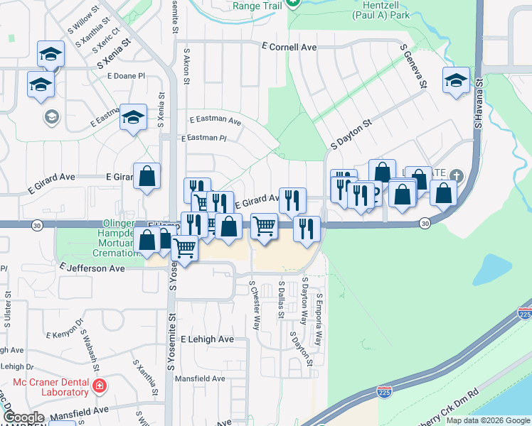 map of restaurants, bars, coffee shops, grocery stores, and more near 9450 East Girard Avenue in Denver