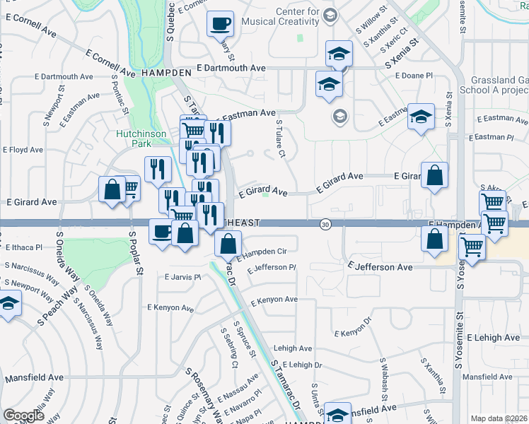 map of restaurants, bars, coffee shops, grocery stores, and more near 8030 East Girard Avenue in Denver