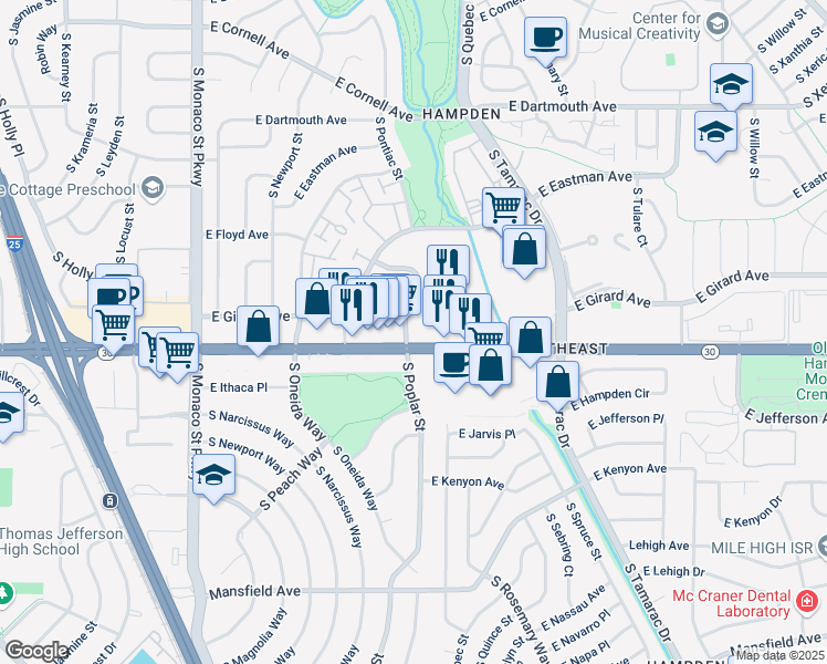 map of restaurants, bars, coffee shops, grocery stores, and more near 3480 South Poplar Street in Denver
